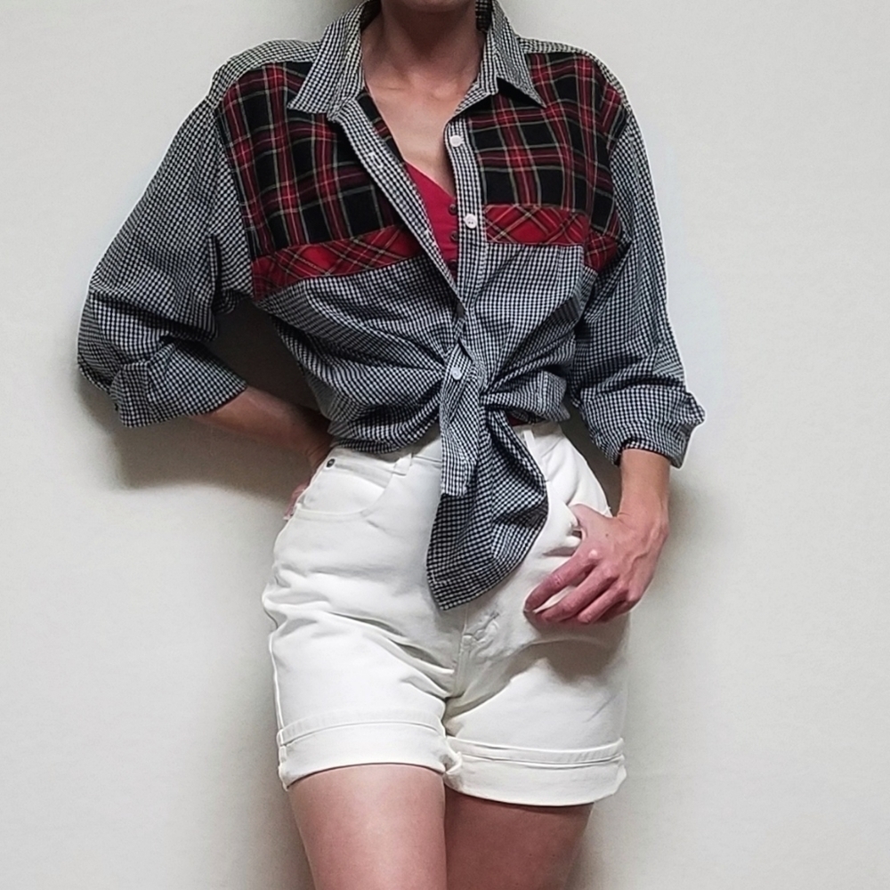 VINTAGE 90s Karen Kane Red Tartan Plaid Black Plaid Colorblock Button Up Blouse - Picture 2 of 13